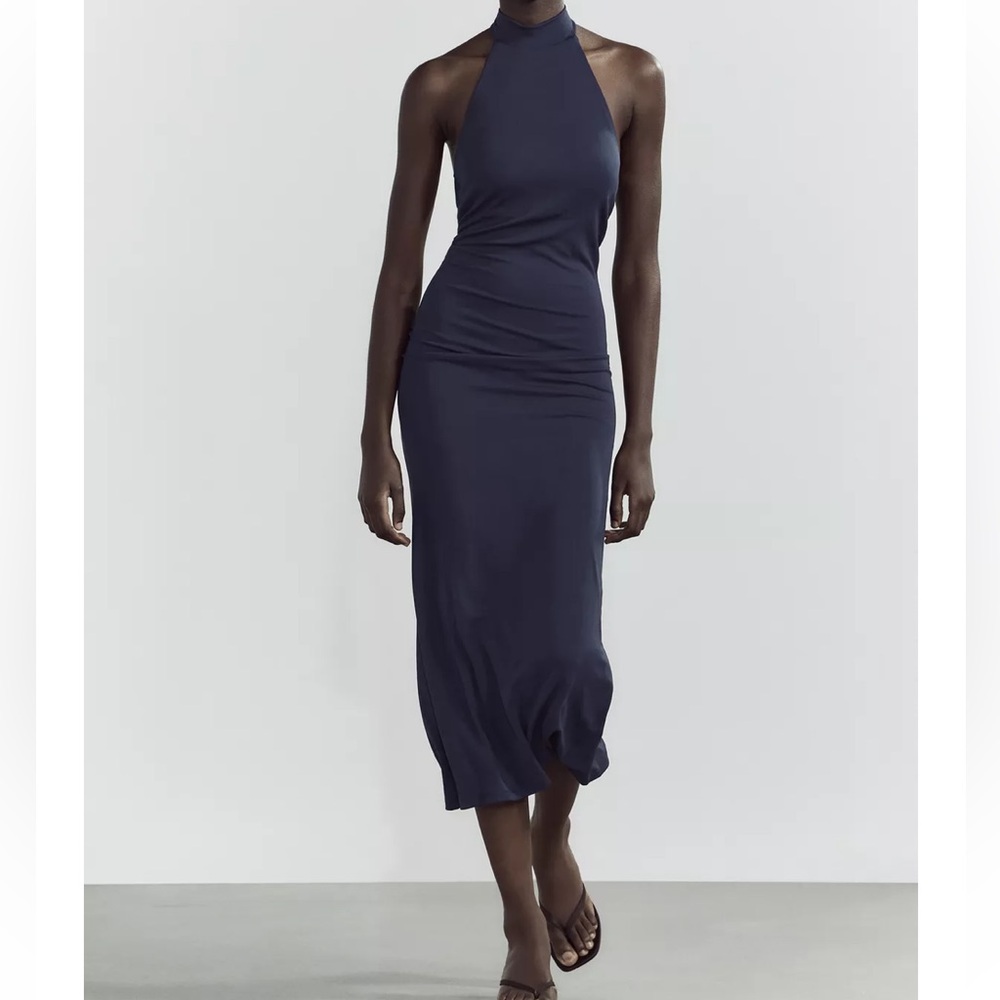 Zara Blue Midi Pencil Dress with Ruched Detail